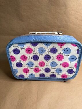 Vintage 1960s Blue Travel Doll Case with Pink & Purple Clock Print
